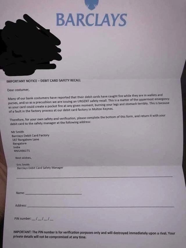 Fake Barclay's Letter